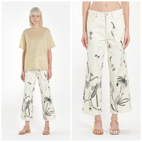 Dries Van Noten Pants - Dries Van Noten 31 Wide-Leg Cropped Sun-Catcher Printed Jeans